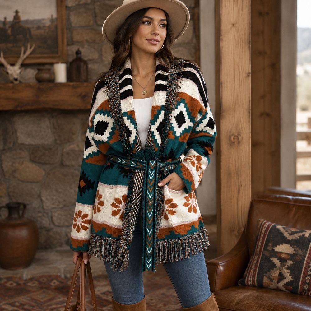 Wonderly Southwestern Aztec Fringe Belted Cardigan Sweater Teal Rust 1X